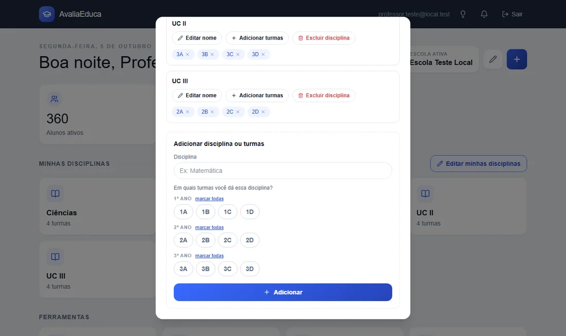 Lista de disciplinas com a nova disciplina cadastrada