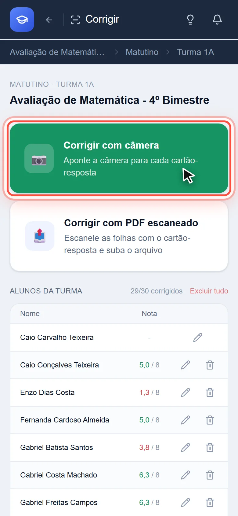 Botão Corrigir com câmera na tela do celular