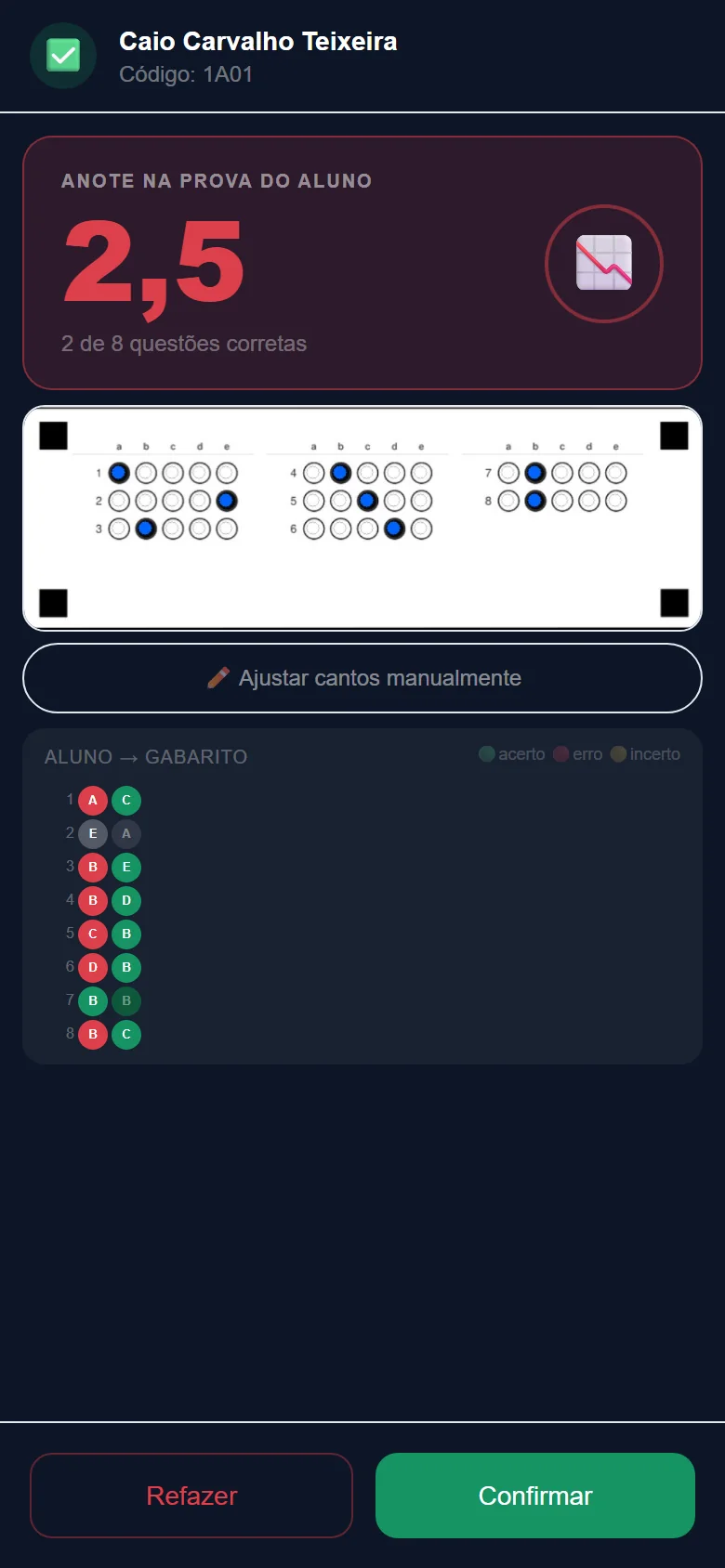 Resultado da leitura com a nota e a comparação por questão