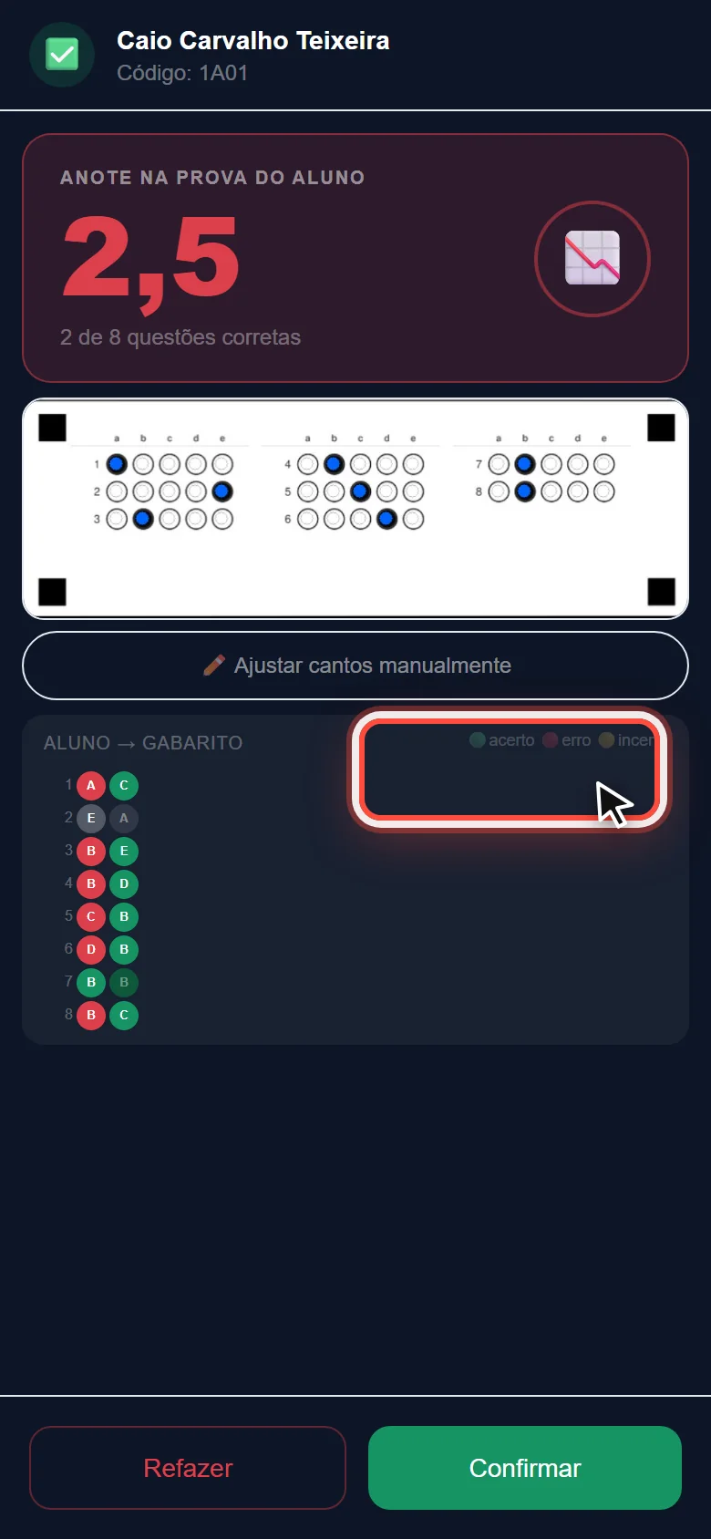 Botão Confirmar da tela de leitura