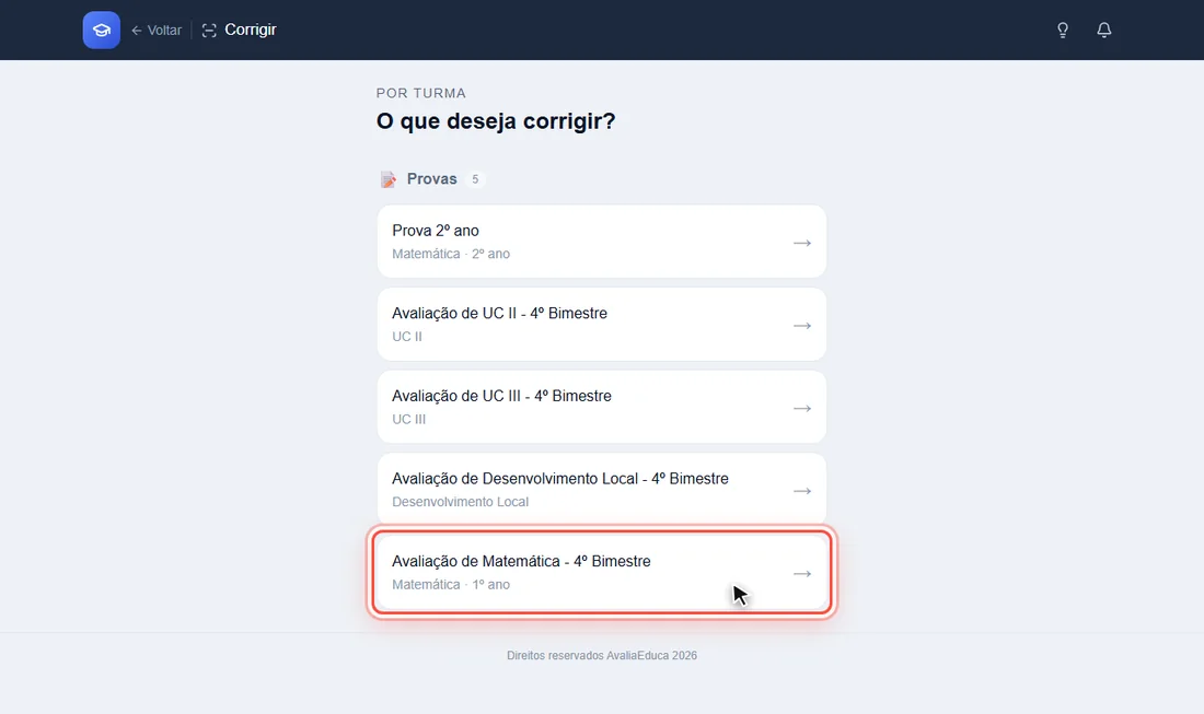 Lista de provas na tela Corrigir