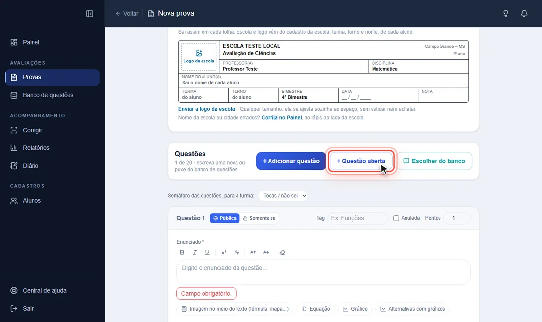 Botão + Questão aberta destacado no editor da prova