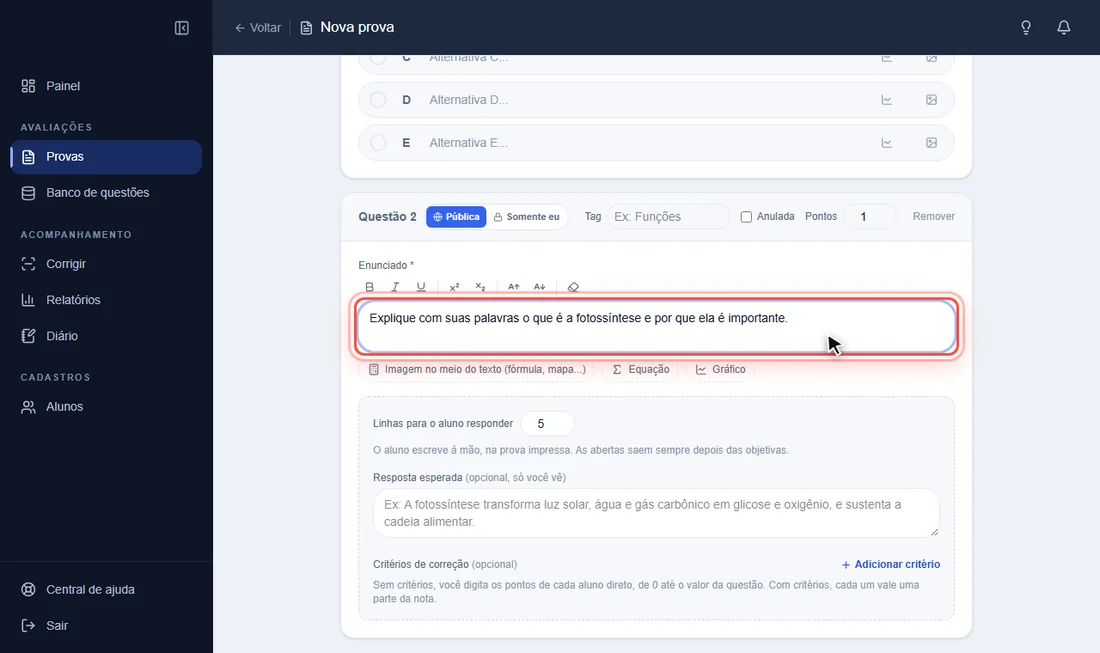 Enunciado da questão aberta preenchido