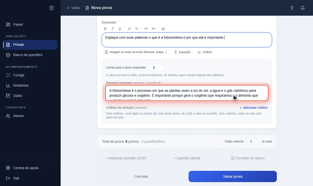 Campo Resposta esperada preenchido