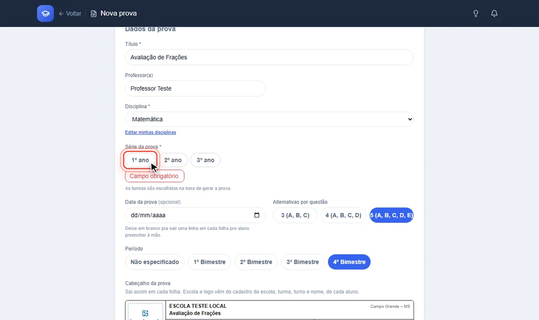 Botão 1º ano destacado na escolha da série