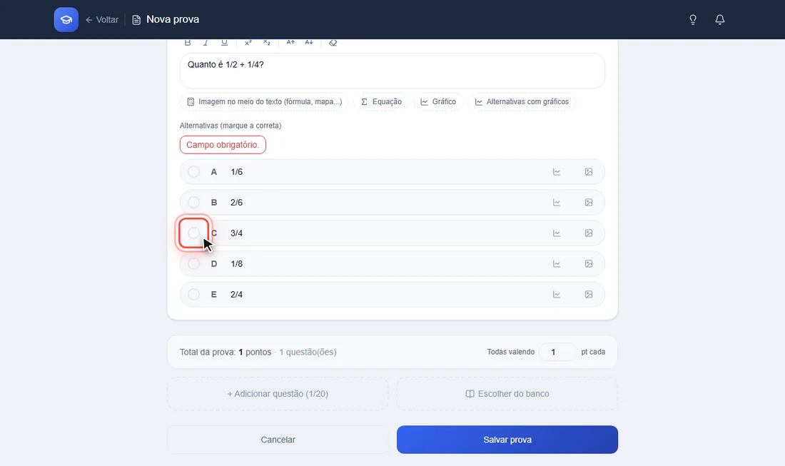 Bolinha da alternativa C destacada