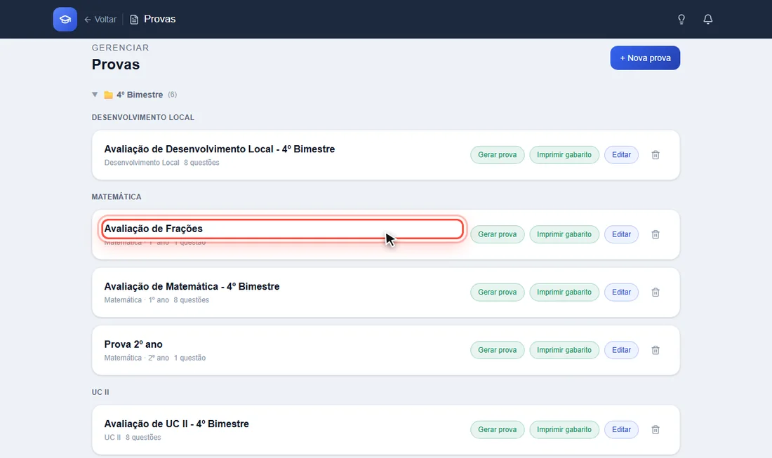 Lista de provas com a nova prova