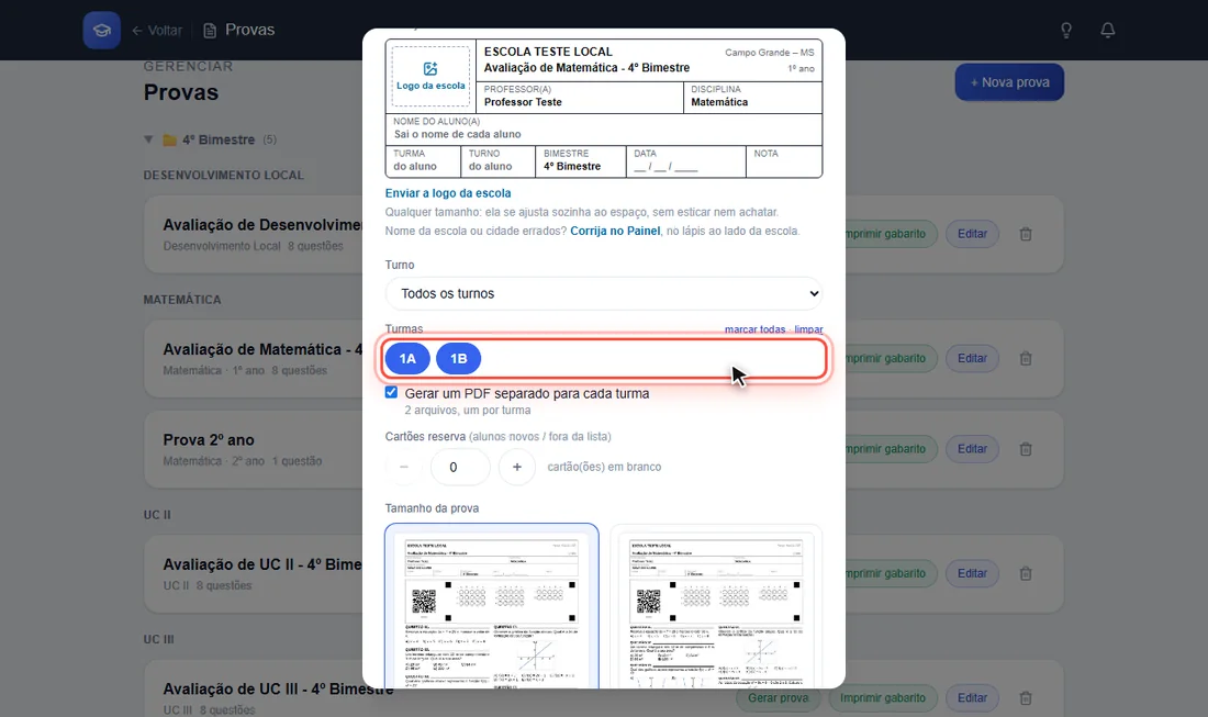 Turmas 1A e 1B marcadas na janela de gerar