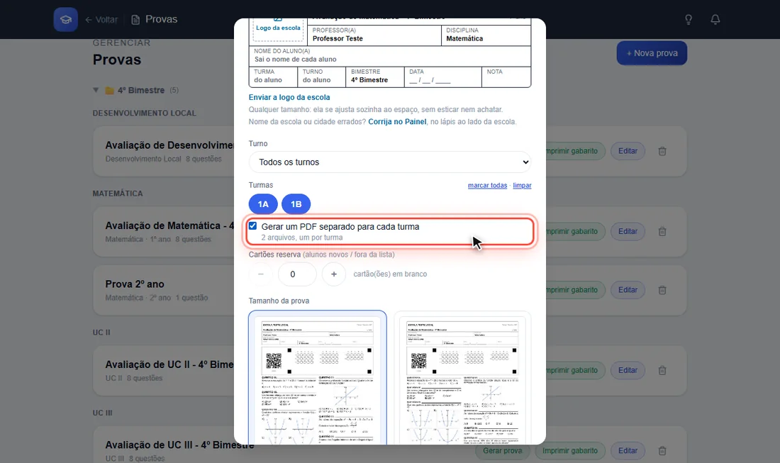 Caixa de PDF separado por turma