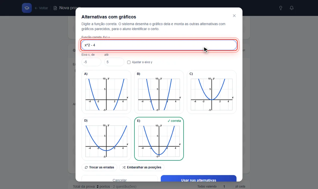 Janela com os cinco gráficos de alternativas