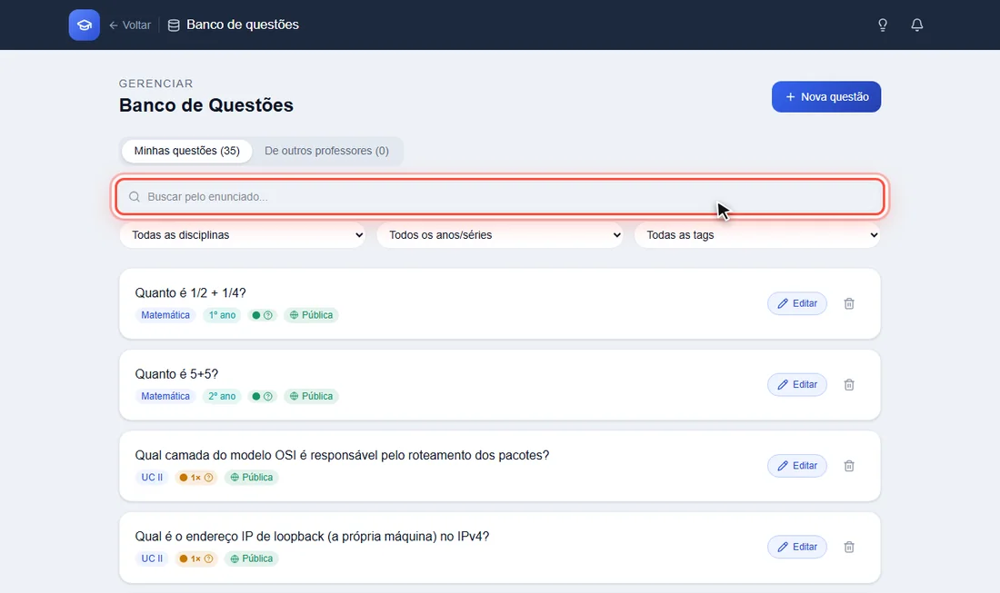 Campo de busca do banco de questões