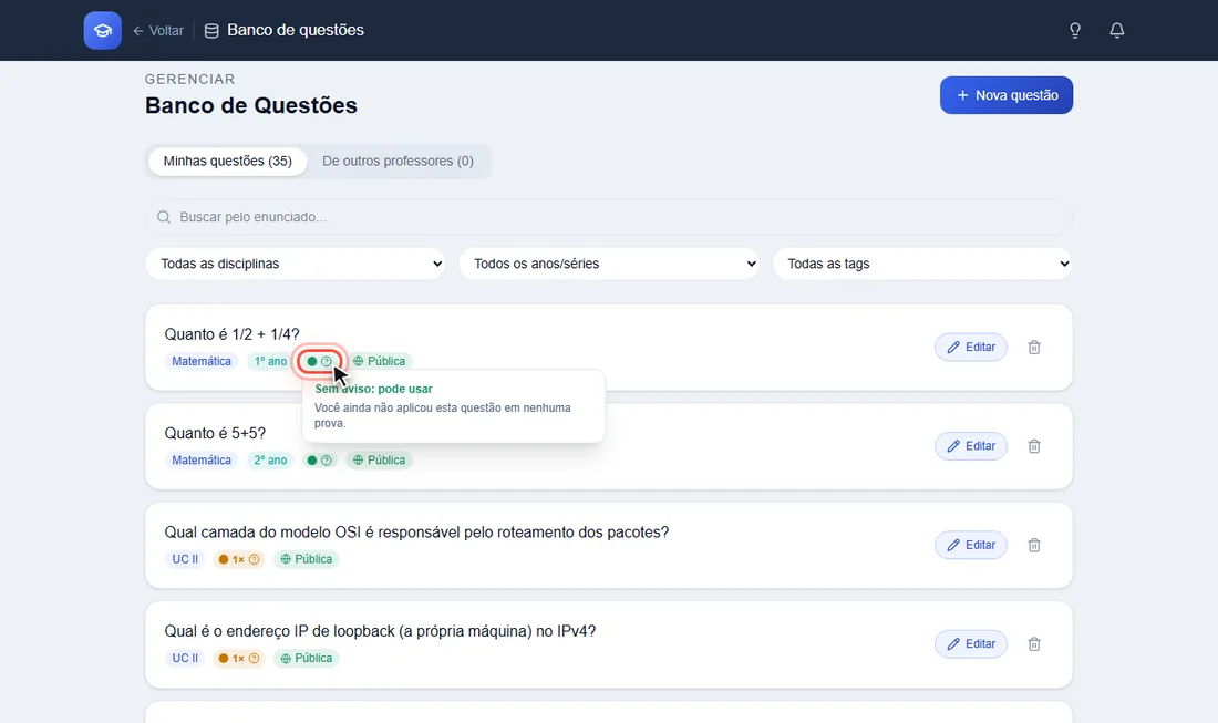 Dica do semáforo ao passar o mouse sobre a bolinha