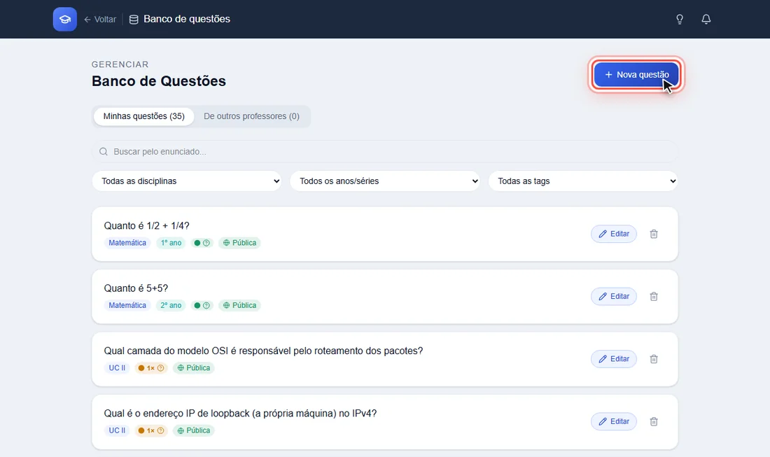 Botão Nova questão destacado