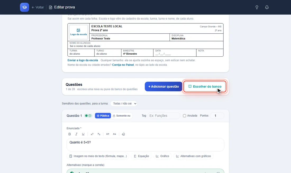 Botão Escolher do banco no editor da prova