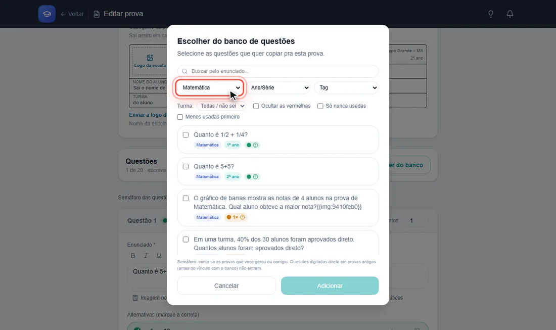 Filtros da janela Escolher do banco