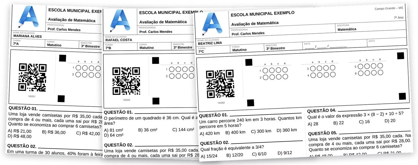 Três folhas de prova impressas, de alunos e turmas diferentes, cada uma com cartão-resposta e QR