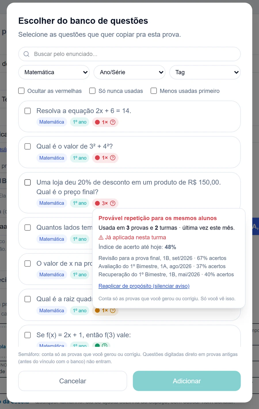Lista de questões do banco com semáforo de reuso e a janela mostrando em quais provas e turmas a questão já foi usada